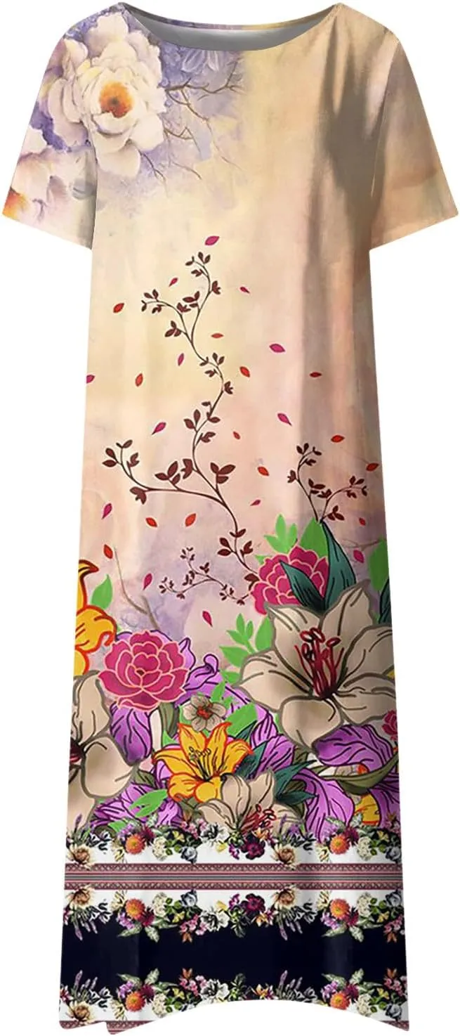 Dresses for Women 2024 Pleated Printed Dresses Round Neck Short Sleeve Maxi Dress Pocket Lightweight Long Dresses
