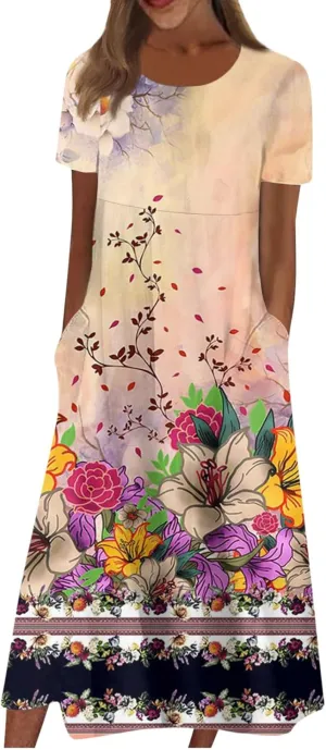 Dresses for Women 2024 Pleated Printed Dresses Round Neck Short Sleeve Maxi Dress Pocket Lightweight Long Dresses