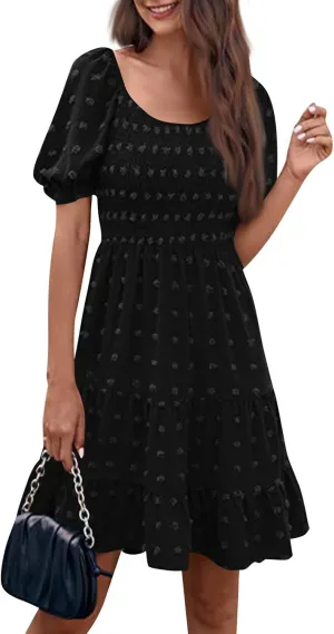 Dresses for Women 2025 Summer Beach Vacation Clothes Spring Short Sleeve U Collar Casual Sundresses