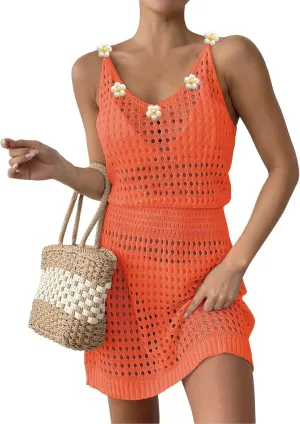 Dresses for Women 2025 Summer Beach Vacation Clothes Spring Spaghetti Strap Knitted Hollow Mini Dress