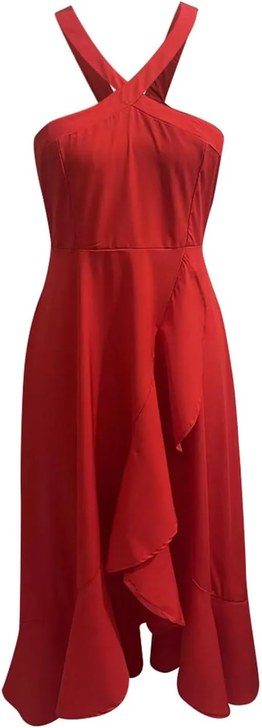 Dresses for Women 2025 Wedding Guest Halter Cocktail Dresses 2025 Summer High Low Ruffle Formal Party Midi Dress