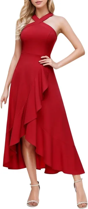 Dresses for Women 2025 Wedding Guest Halter Cocktail Dresses 2025 Summer High Low Ruffle Formal Party Midi Dress