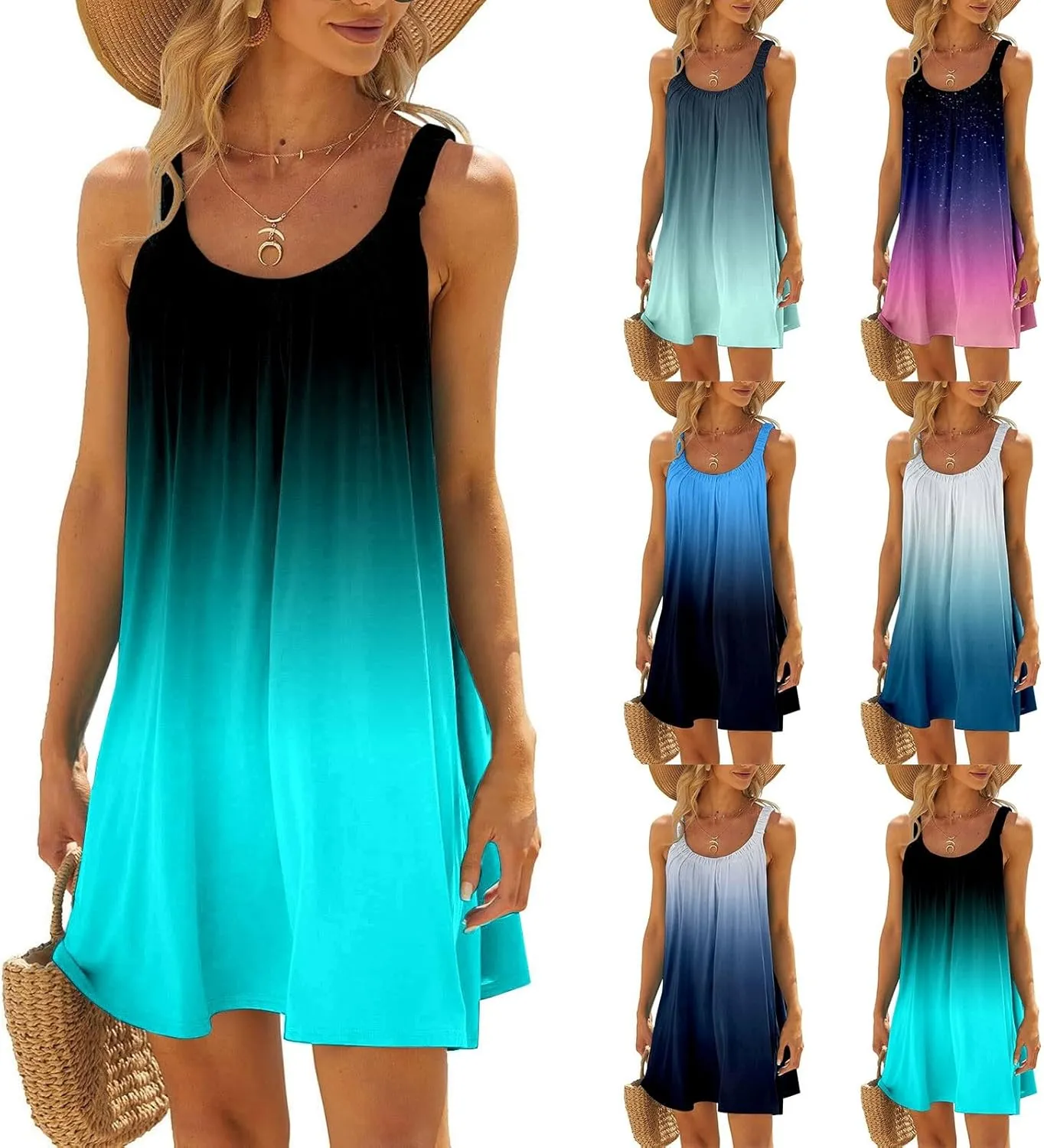 Eduavar Summer Dresses for Women 2024, Mini Dresses for Women Summer Lightweight Tank Dress Spaghetti Strap Boho Dresses