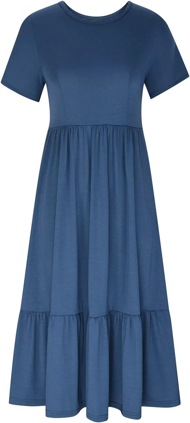 Elegant Dresses for Women 2024 Summer Short Sleeve Ruched Tiered Flowy Dresses Round Neck Loose Fit Pockets Dresses