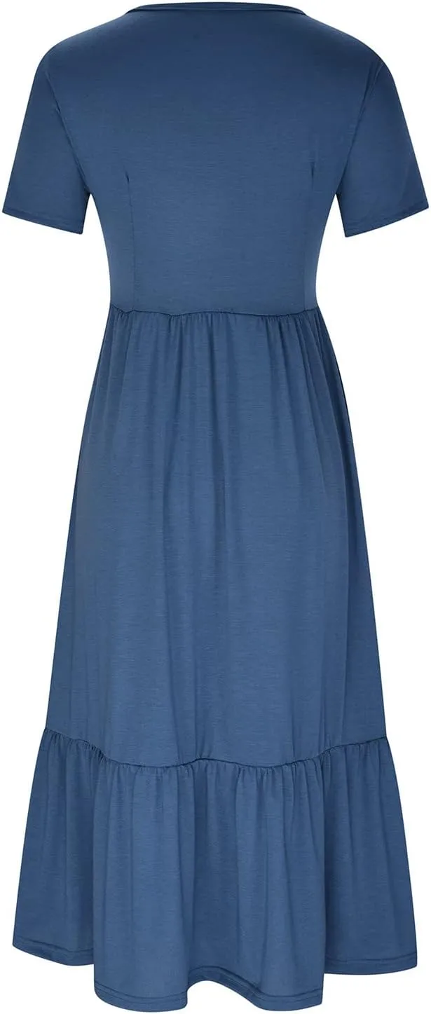 Elegant Dresses for Women 2024 Summer Short Sleeve Ruched Tiered Flowy Dresses Round Neck Loose Fit Pockets Dresses