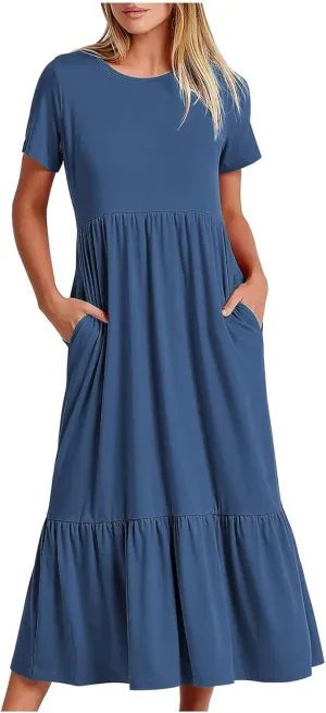 Elegant Dresses for Women 2024 Summer Short Sleeve Ruched Tiered Flowy Dresses Round Neck Loose Fit Pockets Dresses