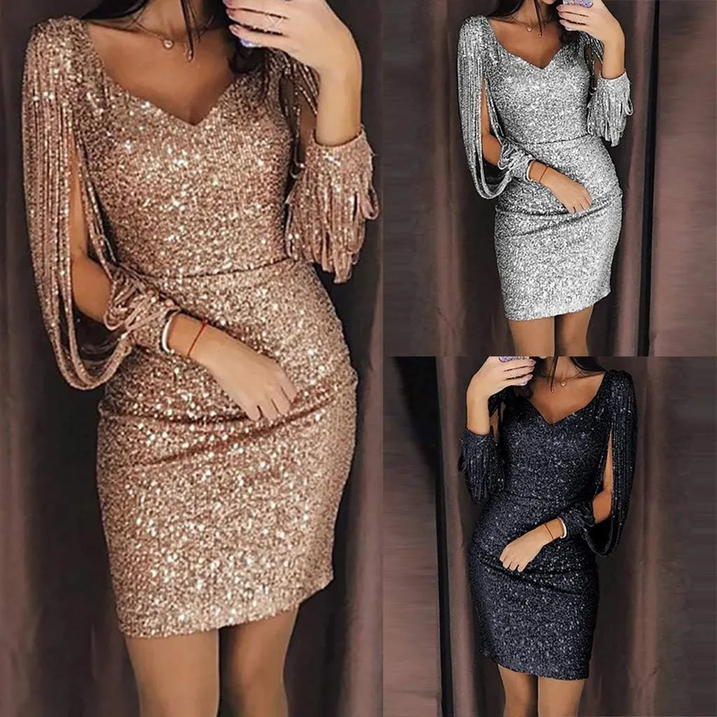 Evening Dresses for Women Sequins V Neck Party Gown Bridesmaid Bodycon Dress Formal Maxi Long Dress