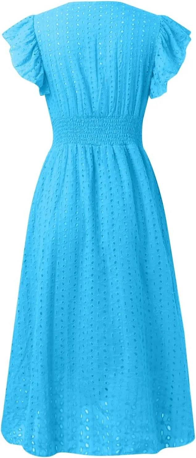Eyelet Lace Dress for Women Flutter Sleeve V Neck Smocked Waist Dresses Sexy A Line Midi Sun Dress Summer Sundress