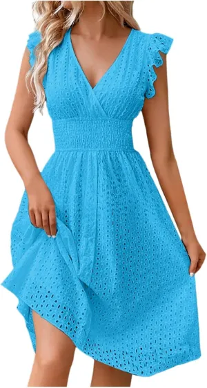 Eyelet Lace Dress for Women Flutter Sleeve V Neck Smocked Waist Dresses Sexy A Line Midi Sun Dress Summer Sundress