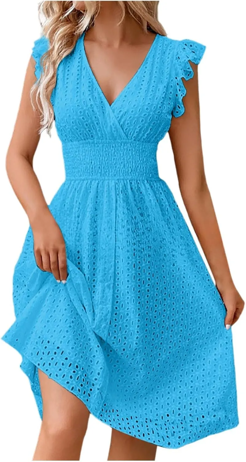 Eyelet Lace Dress for Women Flutter Sleeve V Neck Smocked Waist Dresses Sexy A Line Midi Sun Dress Summer Sundress