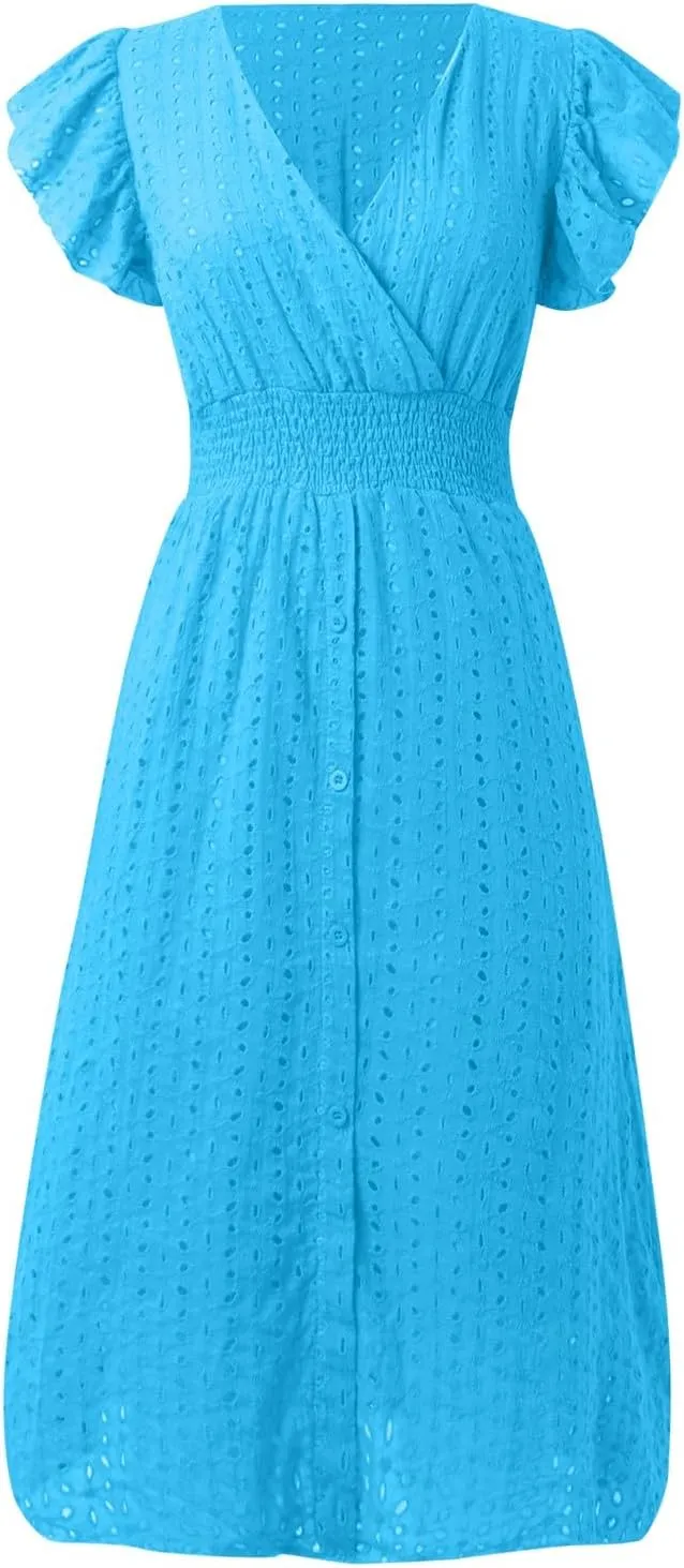 Eyelet Lace Dress for Women Flutter Sleeve V Neck Smocked Waist Dresses Sexy A Line Midi Sun Dress Summer Sundress