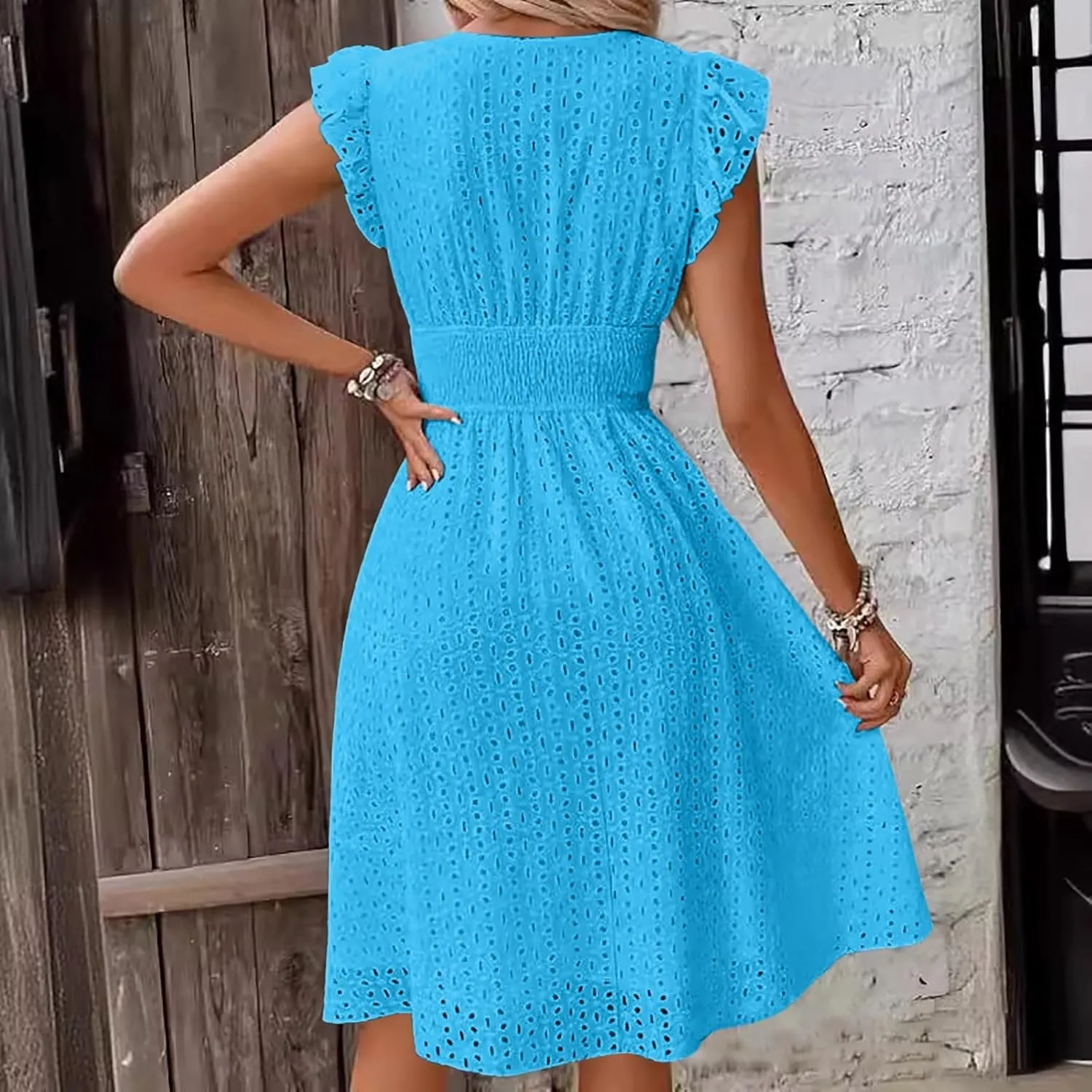 Eyelet Lace Dress for Women Flutter Sleeve V Neck Smocked Waist Dresses Sexy A Line Midi Sun Dress Summer Sundress