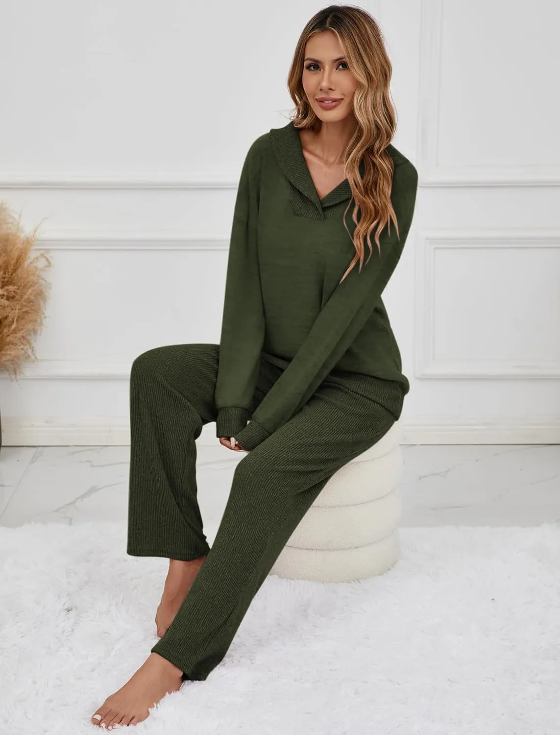 Famulily Womens 2 Piece Ribbed Knit Set Shawl Collar Long Sleeve Top and Pockets Pant Matching Lounge Sets