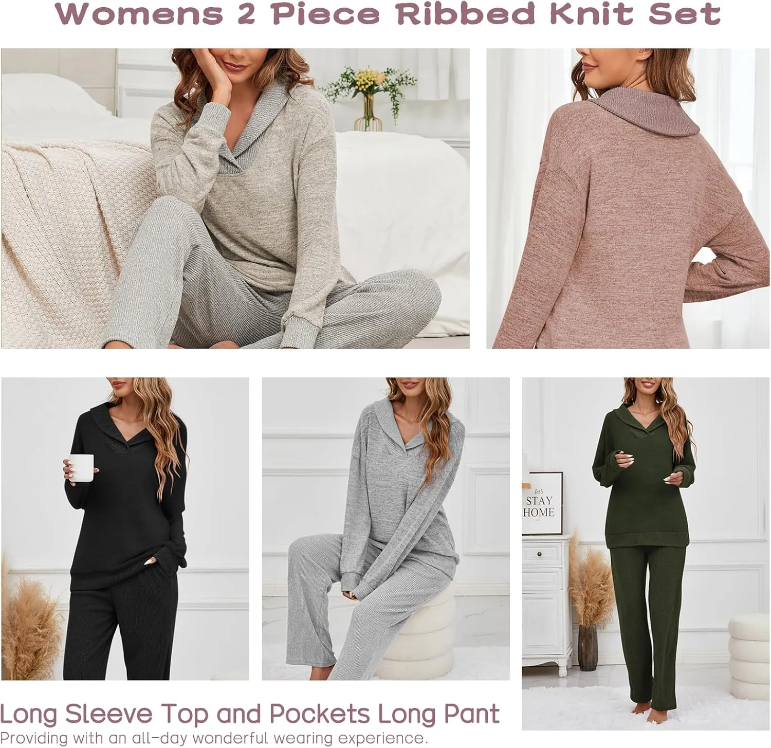 Famulily Womens 2 Piece Ribbed Knit Set Shawl Collar Long Sleeve Top and Pockets Pant Matching Lounge Sets
