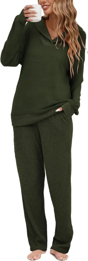 Famulily Womens 2 Piece Ribbed Knit Set Shawl Collar Long Sleeve Top and Pockets Pant Matching Lounge Sets