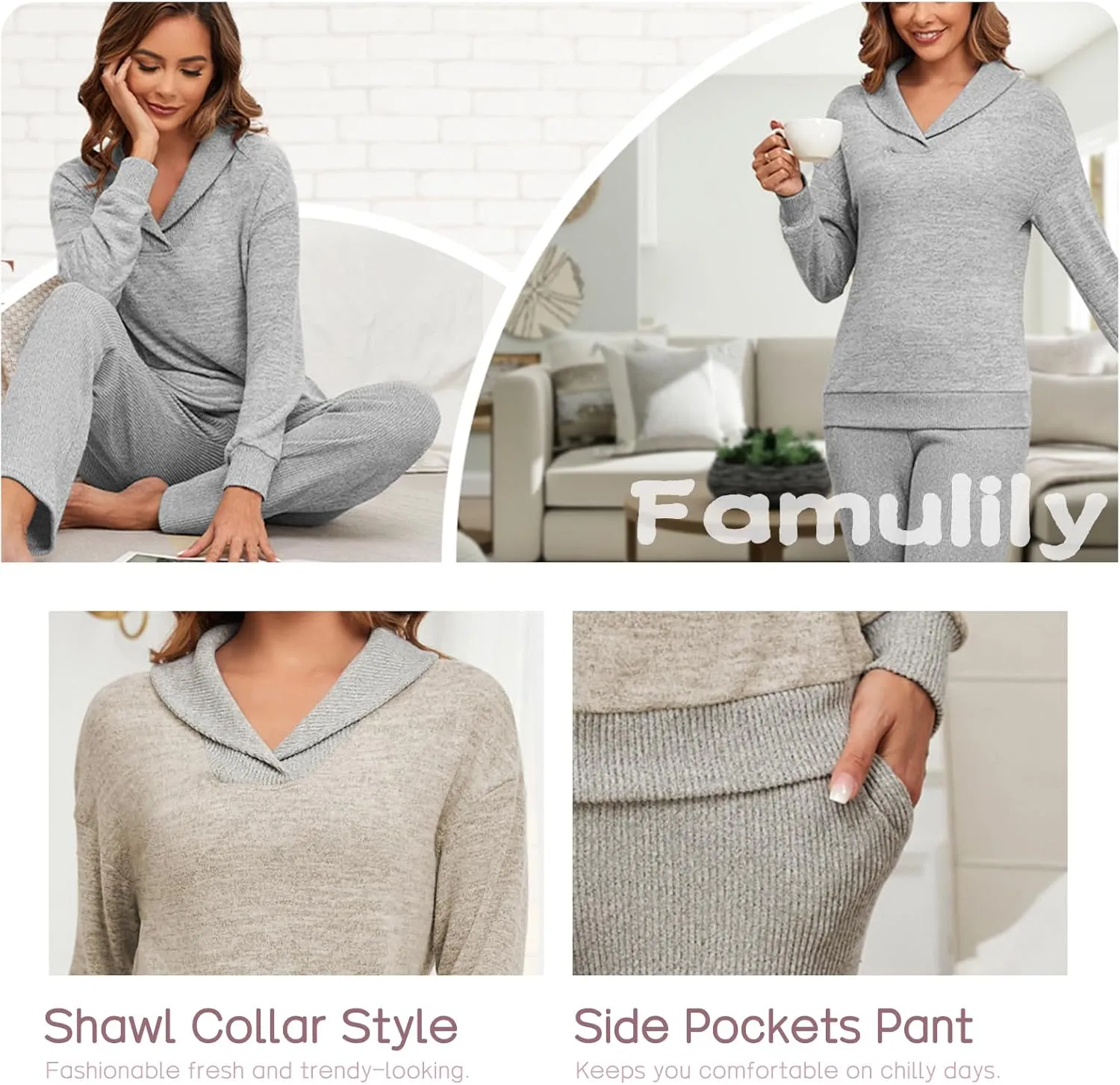 Famulily Womens 2 Piece Ribbed Knit Set Shawl Collar Long Sleeve Top and Pockets Pant Matching Lounge Sets