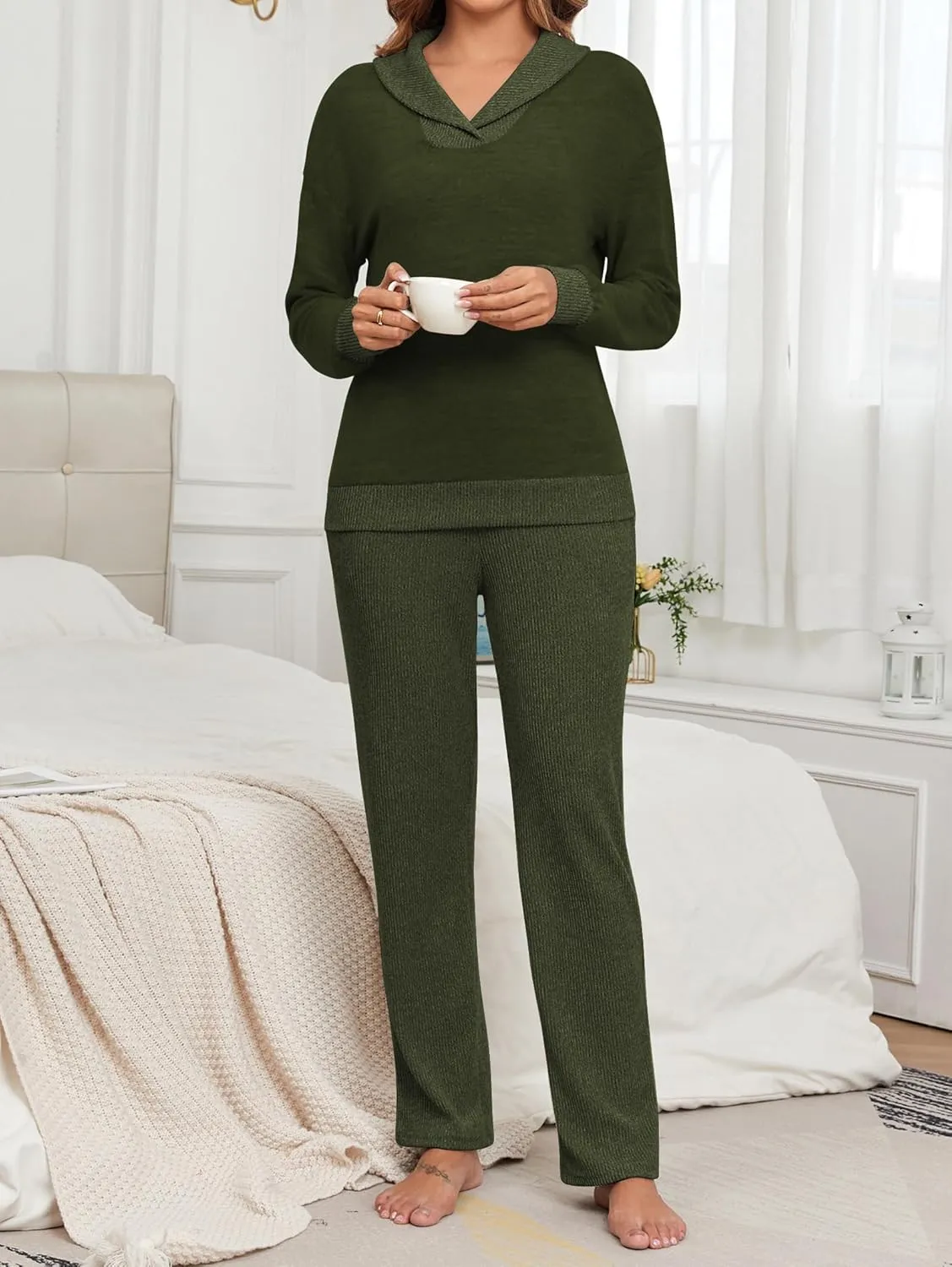 Famulily Womens 2 Piece Ribbed Knit Set Shawl Collar Long Sleeve Top and Pockets Pant Matching Lounge Sets