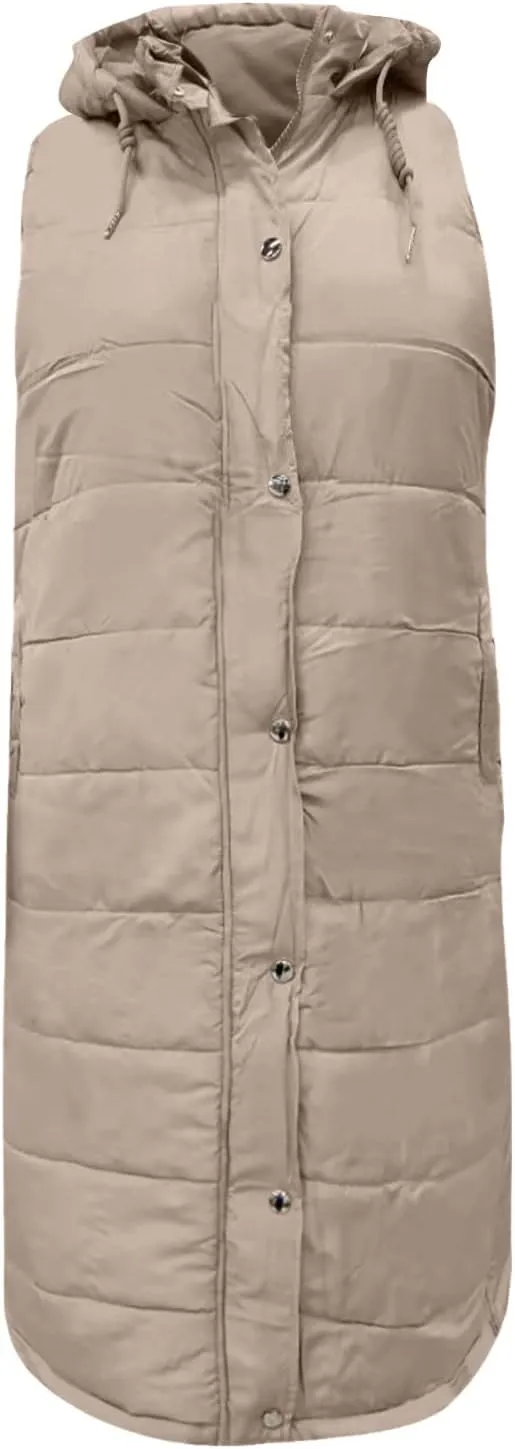 Fashion Sleeveless Puffer Jackets Solid Fall Winter Coats for Women Loose Outerwear Coat Tops Long Hooded Down Jacket