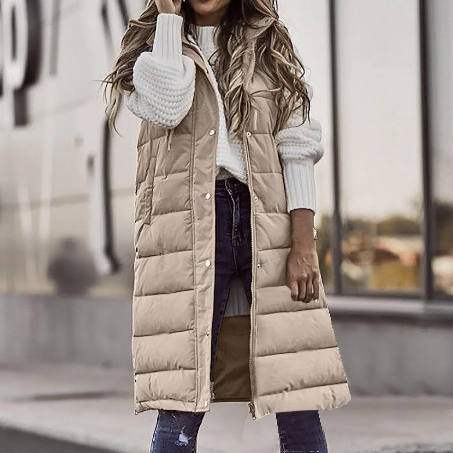 Fashion Sleeveless Puffer Jackets Solid Fall Winter Coats for Women Loose Outerwear Coat Tops Long Hooded Down Jacket