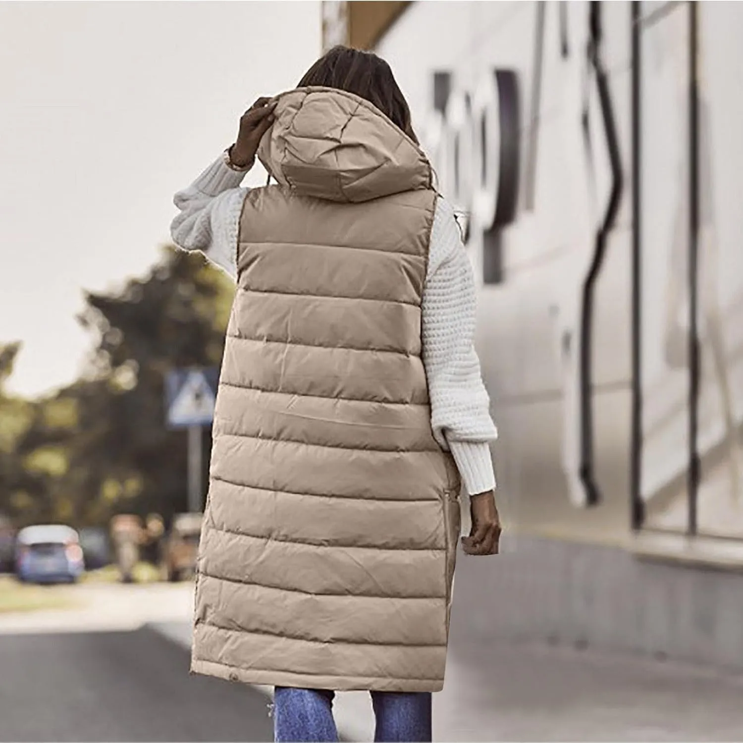 Fashion Sleeveless Puffer Jackets Solid Fall Winter Coats for Women Loose Outerwear Coat Tops Long Hooded Down Jacket