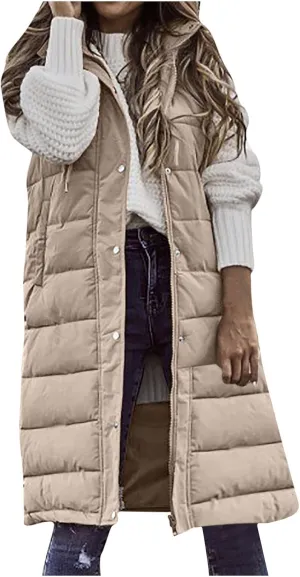 Fashion Sleeveless Puffer Jackets Solid Fall Winter Coats for Women Loose Outerwear Coat Tops Long Hooded Down Jacket