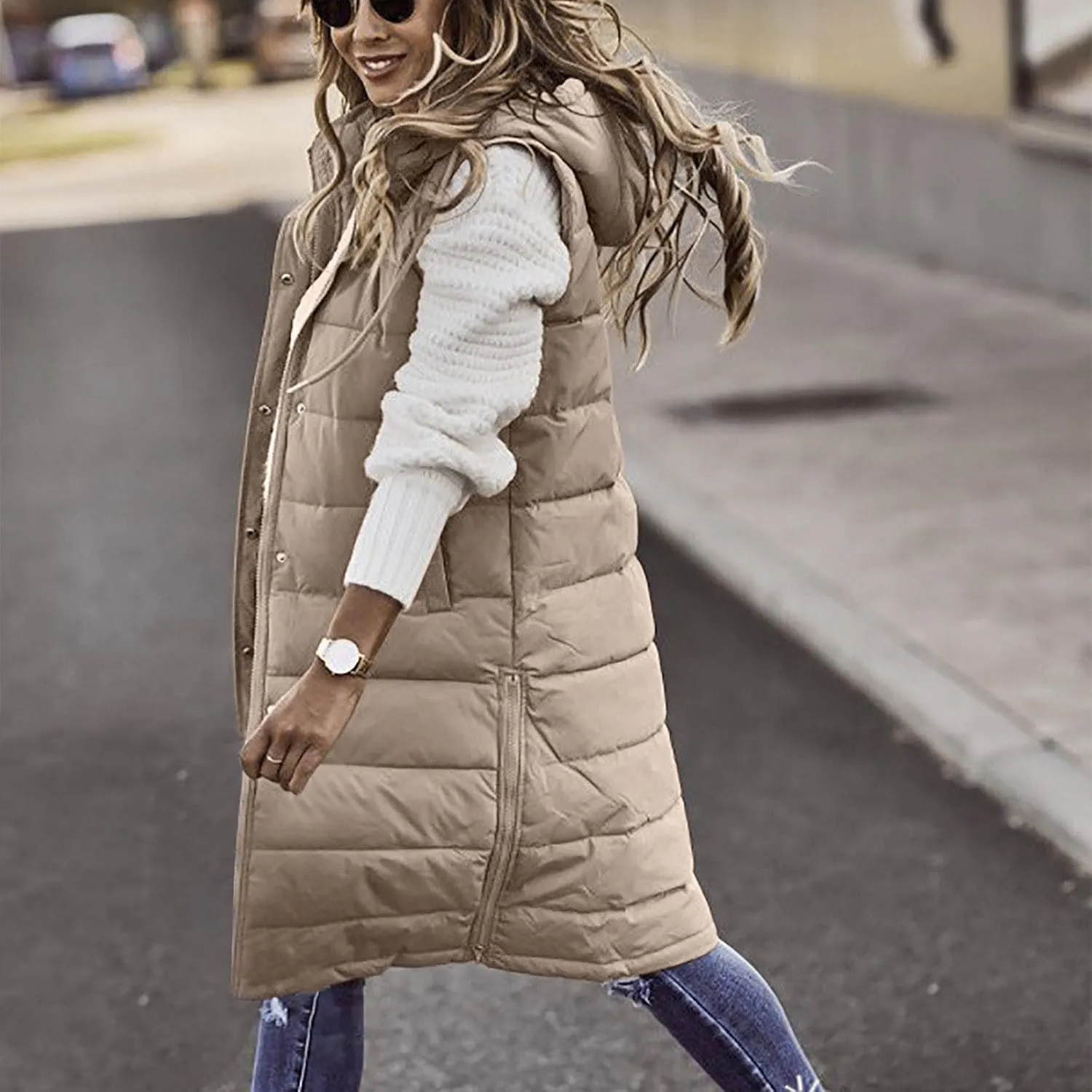 Fashion Sleeveless Puffer Jackets Solid Fall Winter Coats for Women Loose Outerwear Coat Tops Long Hooded Down Jacket