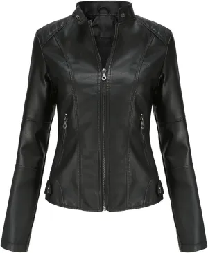 Faux Leather Jackets for Women, Vegan Jackets Moto Biker Motocycle Coat with Stitching Detail