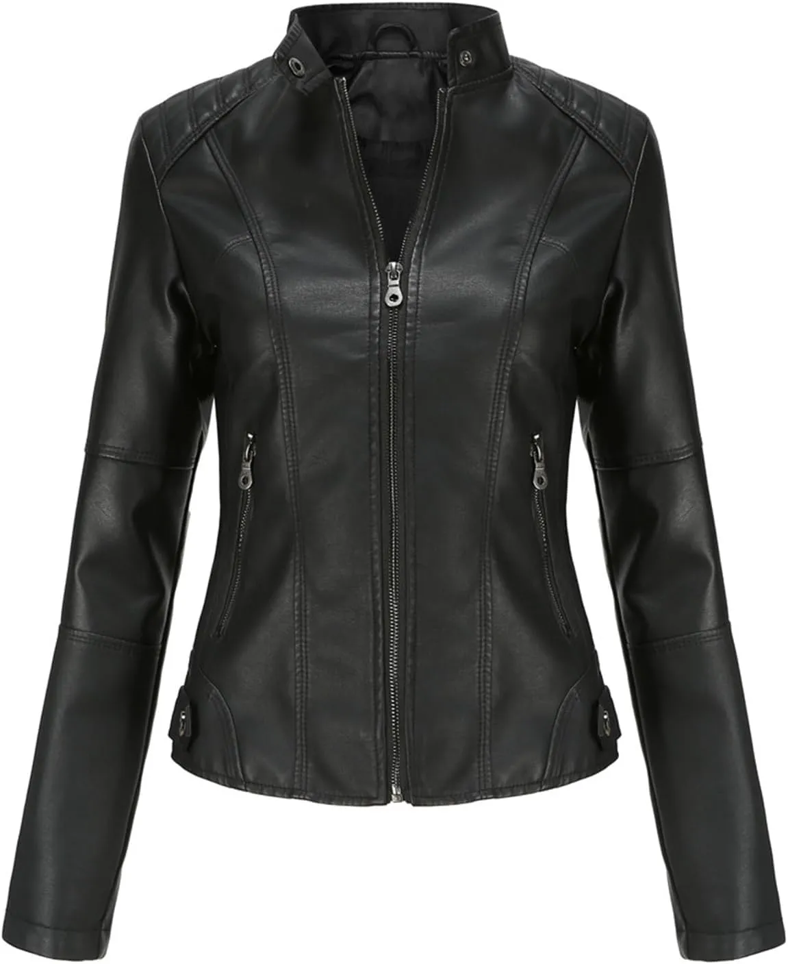 Faux Leather Jackets for Women, Vegan Jackets Moto Biker Motocycle Coat with Stitching Detail