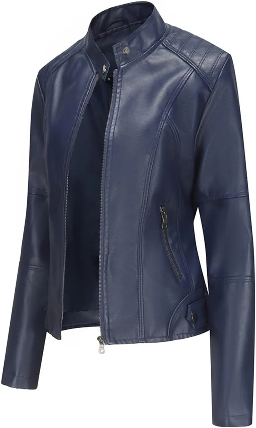 Faux Leather Jackets for Women, Vegan Jackets Moto Biker Motocycle Coat with Stitching Detail