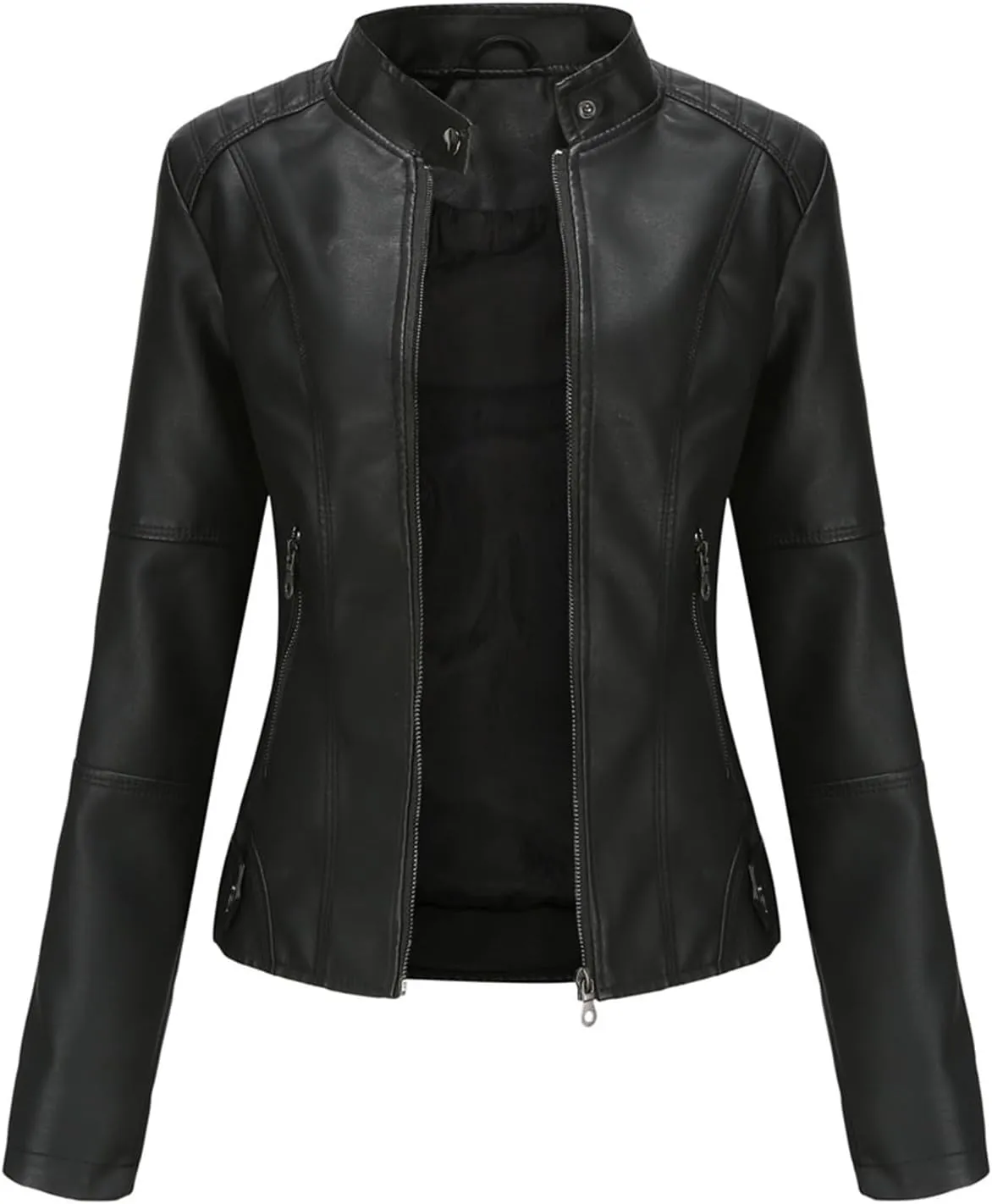 Faux Leather Jackets for Women, Vegan Jackets Moto Biker Motocycle Coat with Stitching Detail