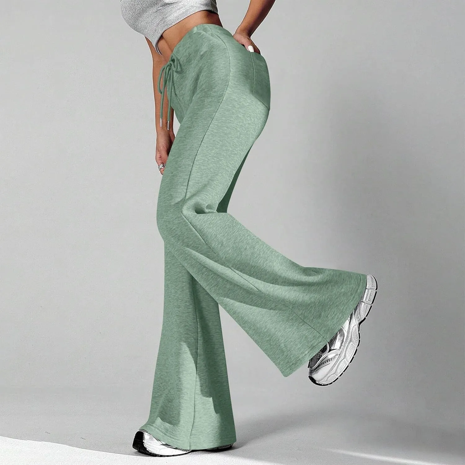 Flare Sweatpants Women Fleece Lined Joggers Wide Leg Lounge Pants with Pockets Drawstring Bell Bottoms Bootcut