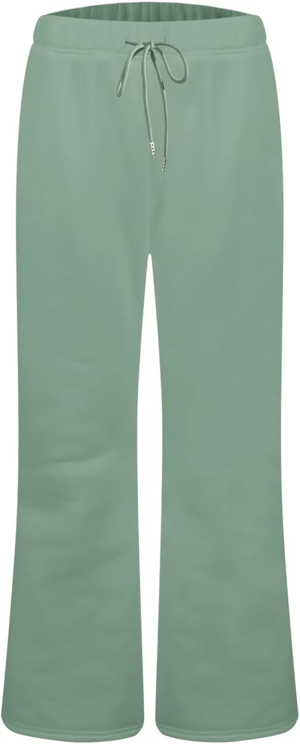 Flare Sweatpants Women Fleece Lined Joggers Wide Leg Lounge Pants with Pockets Drawstring Bell Bottoms Bootcut