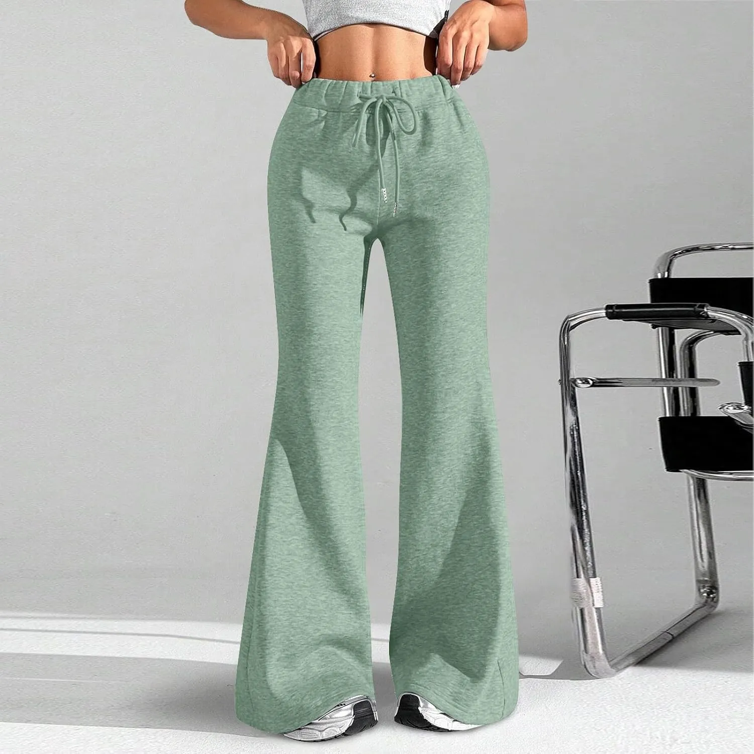 Flare Sweatpants Women Fleece Lined Joggers Wide Leg Lounge Pants with Pockets Drawstring Bell Bottoms Bootcut