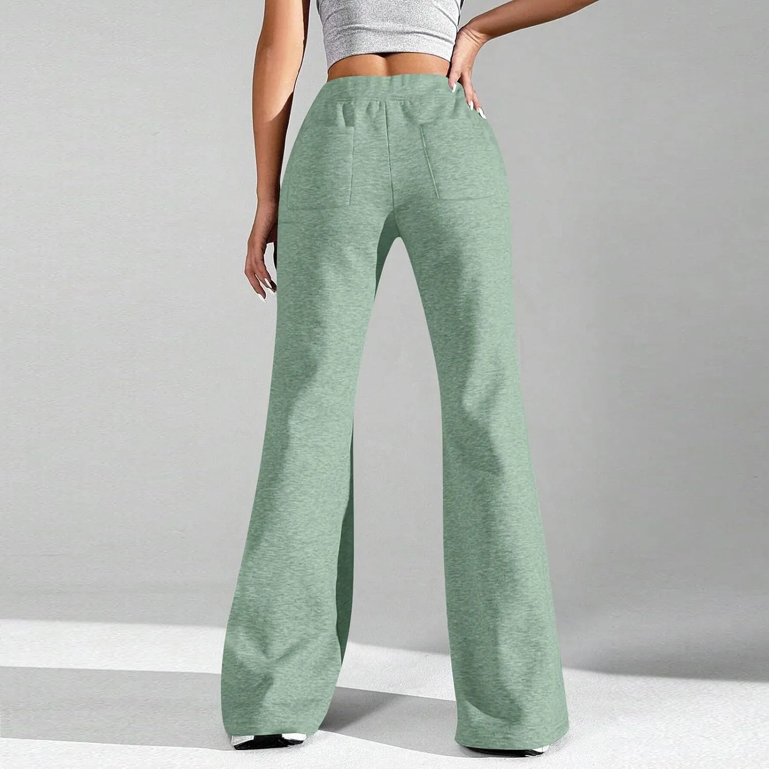 Flare Sweatpants Women Fleece Lined Joggers Wide Leg Lounge Pants with Pockets Drawstring Bell Bottoms Bootcut