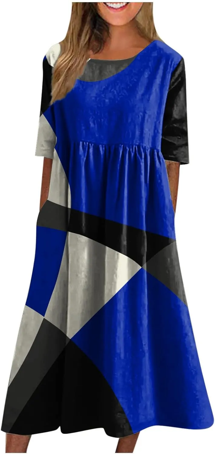 FlekmanArt Dresses for Women 2024 Round Neck Pocket Long Dresses Pleated Printed Dresses Short Sleeve Casual Beach Dress