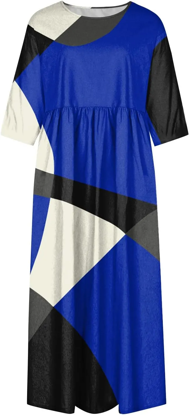 FlekmanArt Dresses for Women 2024 Round Neck Pocket Long Dresses Pleated Printed Dresses Short Sleeve Casual Beach Dress