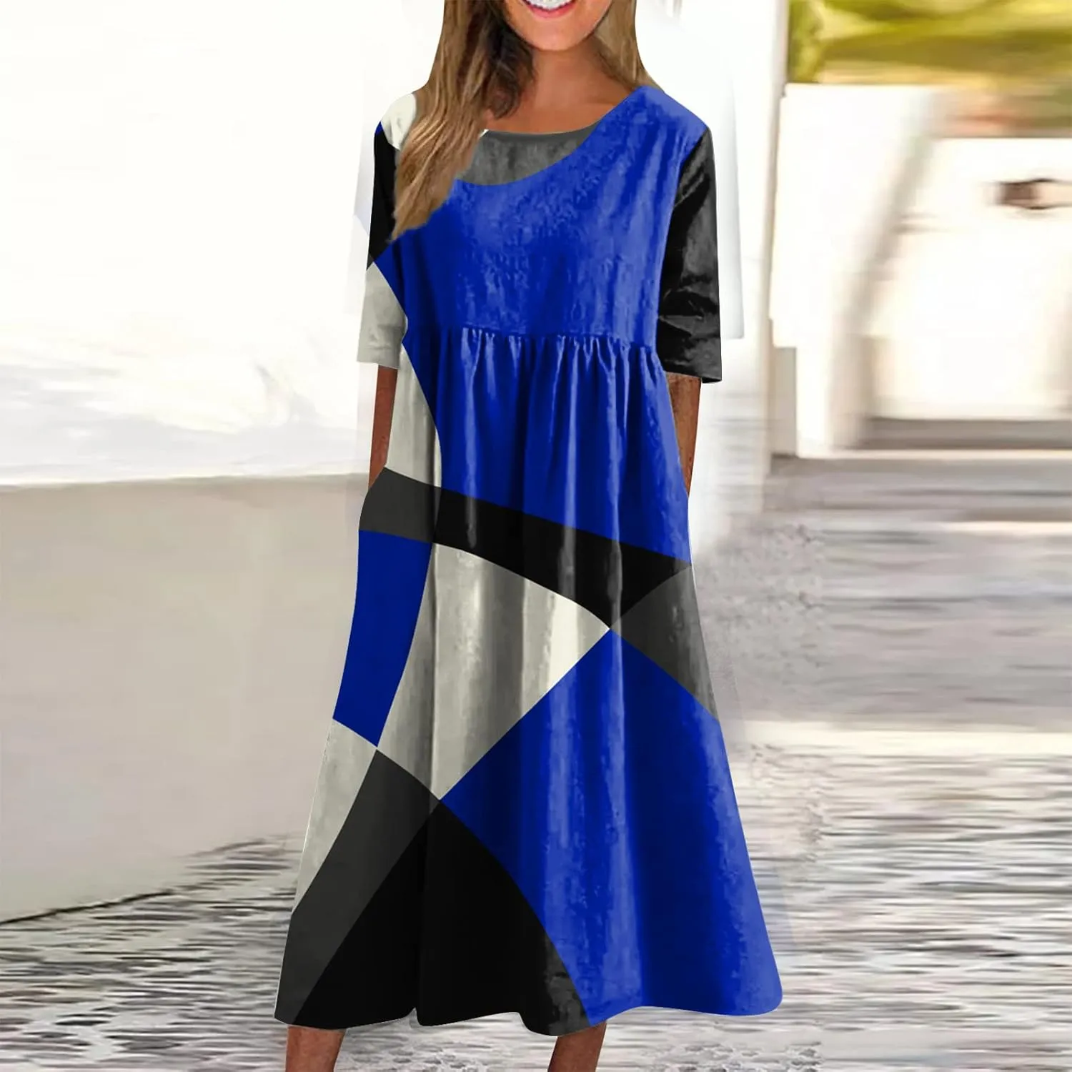 FlekmanArt Dresses for Women 2024 Round Neck Pocket Long Dresses Pleated Printed Dresses Short Sleeve Casual Beach Dress