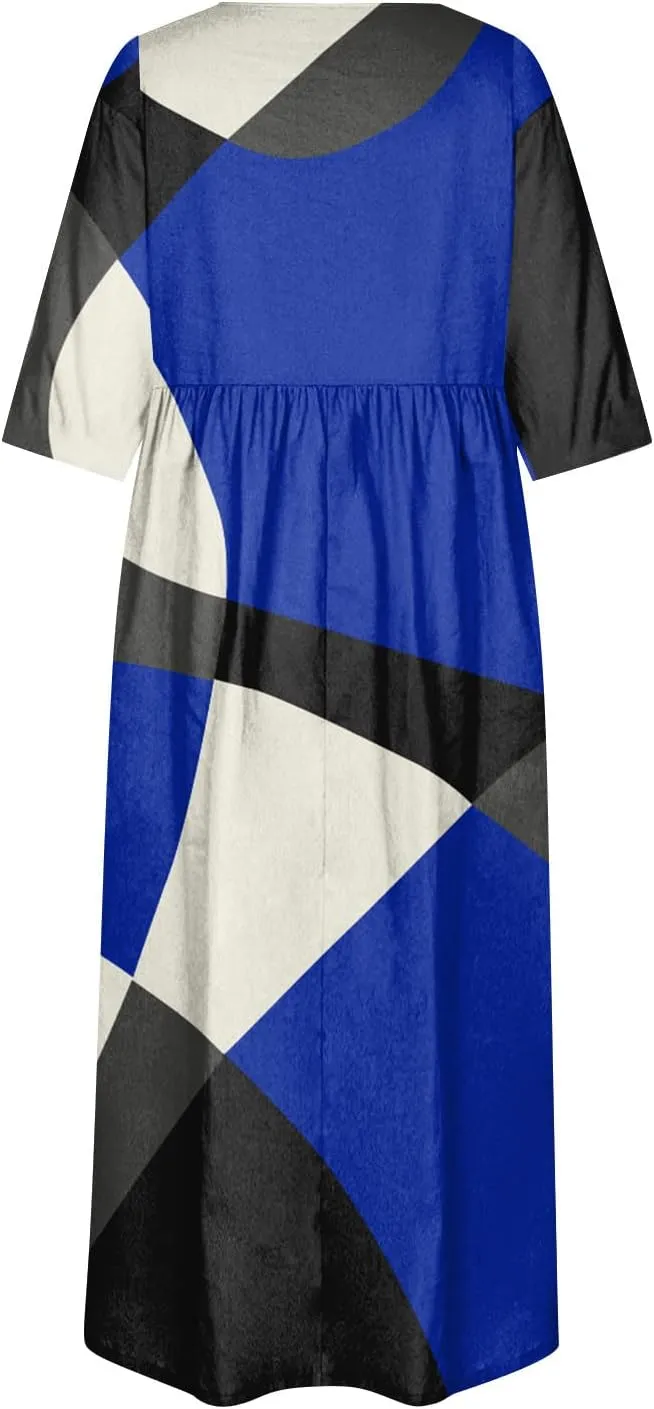 FlekmanArt Dresses for Women 2024 Round Neck Pocket Long Dresses Pleated Printed Dresses Short Sleeve Casual Beach Dress