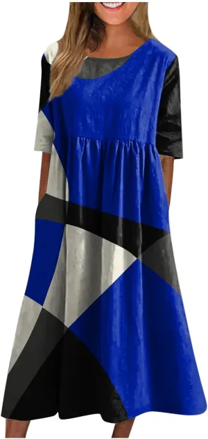 FlekmanArt Dresses for Women 2024 Round Neck Pocket Long Dresses Pleated Printed Dresses Short Sleeve Casual Beach Dress