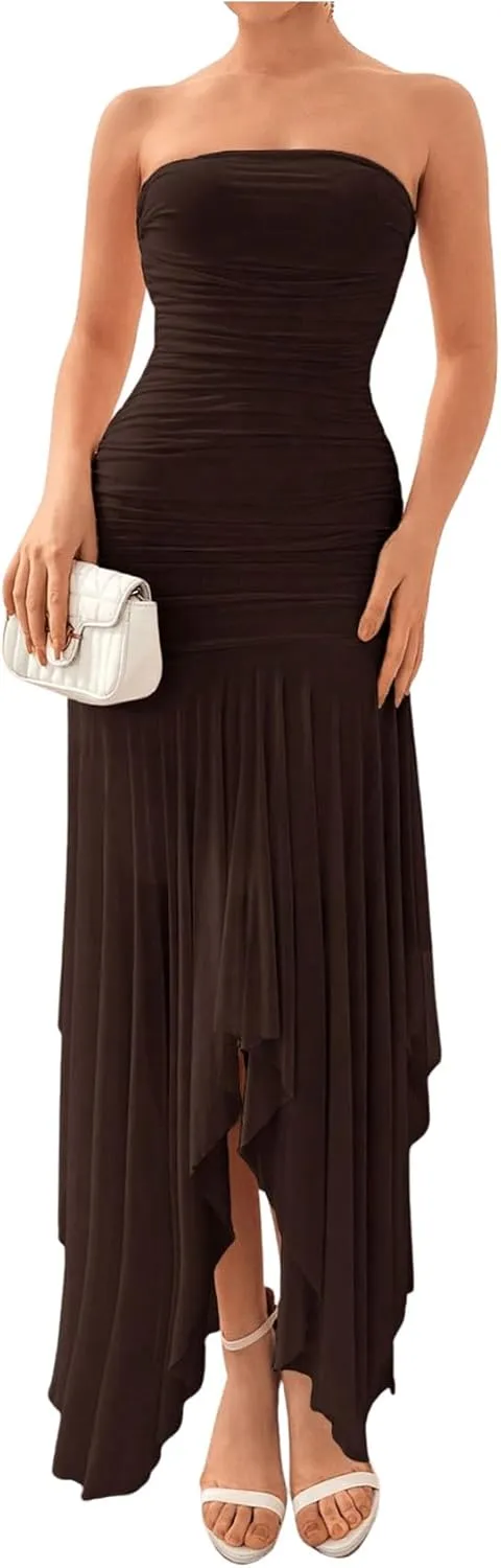 Floerns Women's Sleeveless Ruched Ruffle Asymmetrical Hem Mesh Evening Tube Dresses