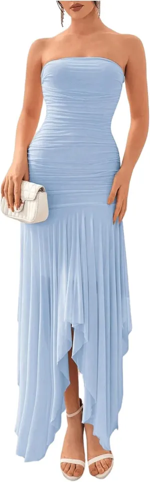 Floerns Women's Sleeveless Ruched Ruffle Asymmetrical Hem Mesh Evening Tube Dresses