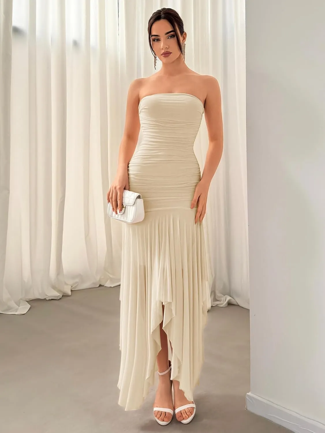 Floerns Women's Sleeveless Ruched Ruffle Asymmetrical Hem Mesh Evening Tube Dresses