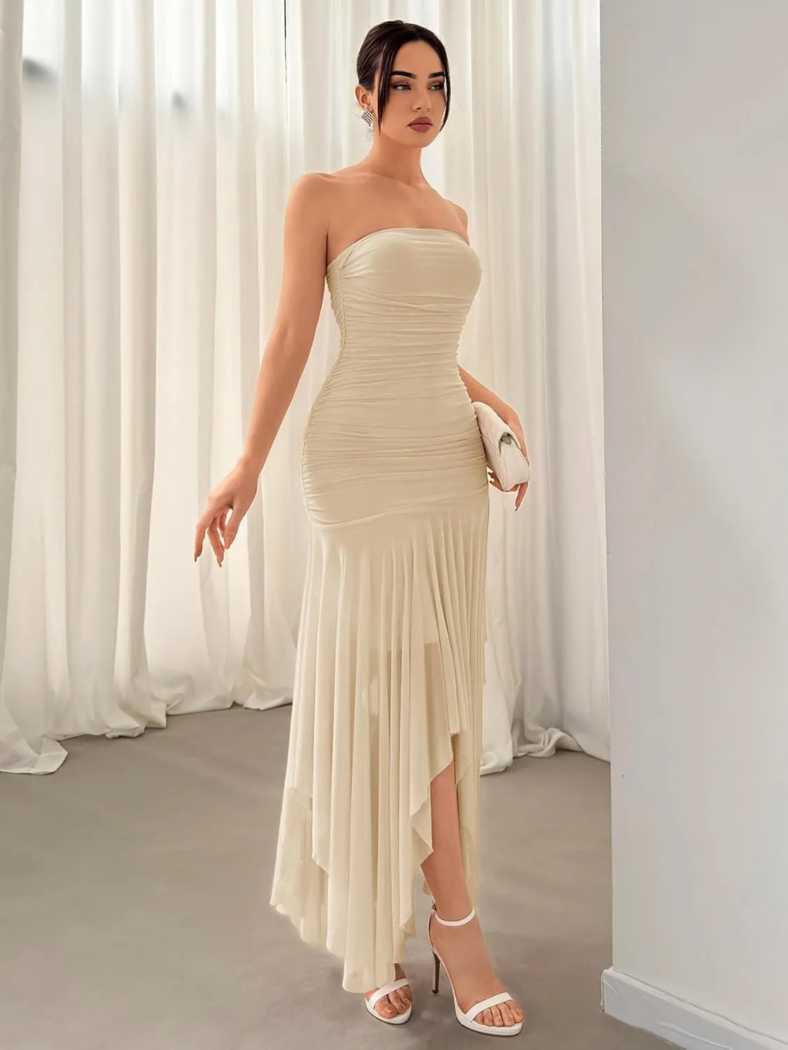 Floerns Women's Sleeveless Ruched Ruffle Asymmetrical Hem Mesh Evening Tube Dresses