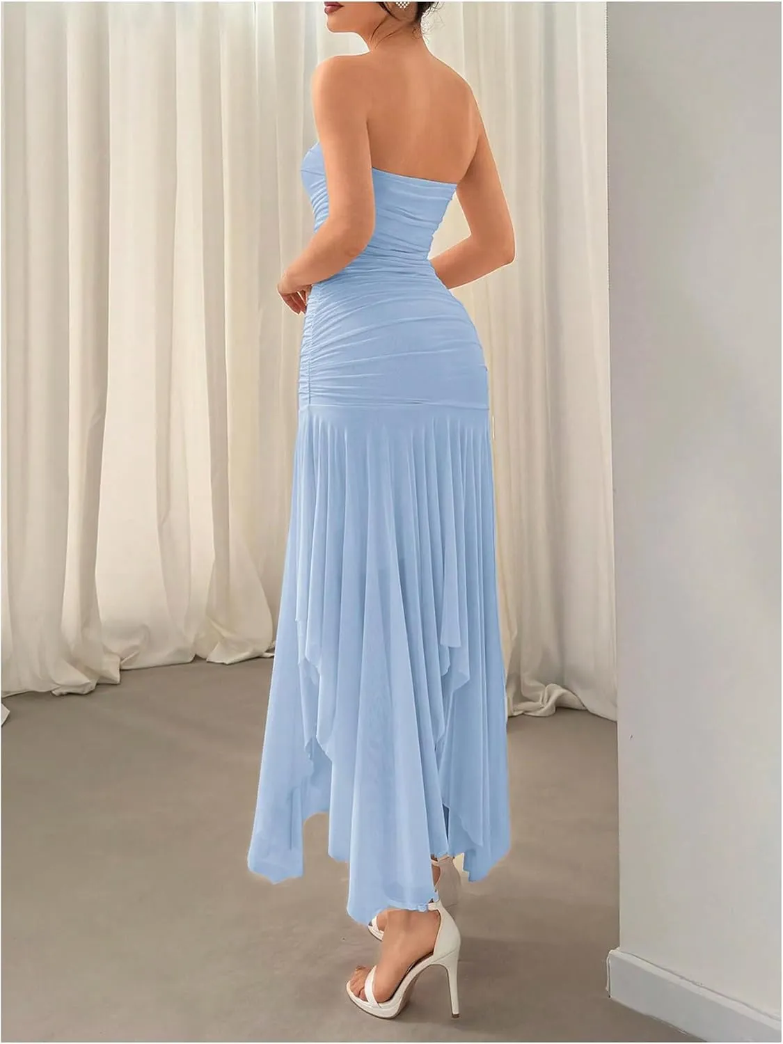 Floerns Women's Sleeveless Ruched Ruffle Asymmetrical Hem Mesh Evening Tube Dresses