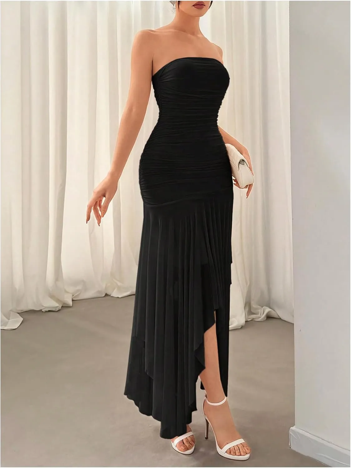 Floerns Women's Sleeveless Ruched Ruffle Asymmetrical Hem Mesh Evening Tube Dresses