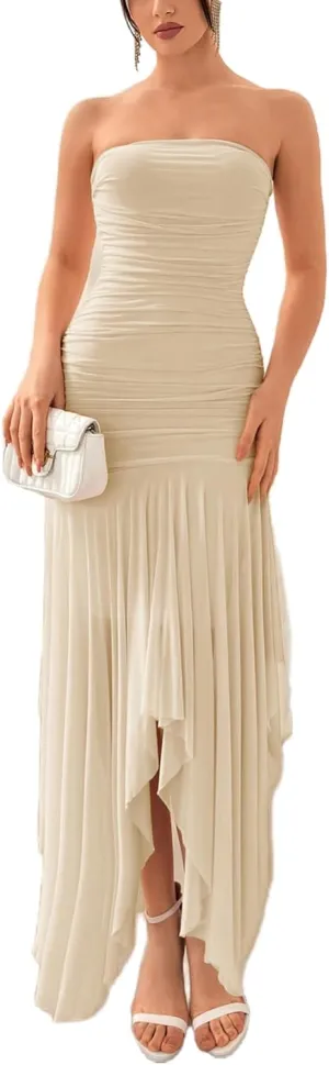 Floerns Women's Sleeveless Ruched Ruffle Asymmetrical Hem Mesh Evening Tube Dresses