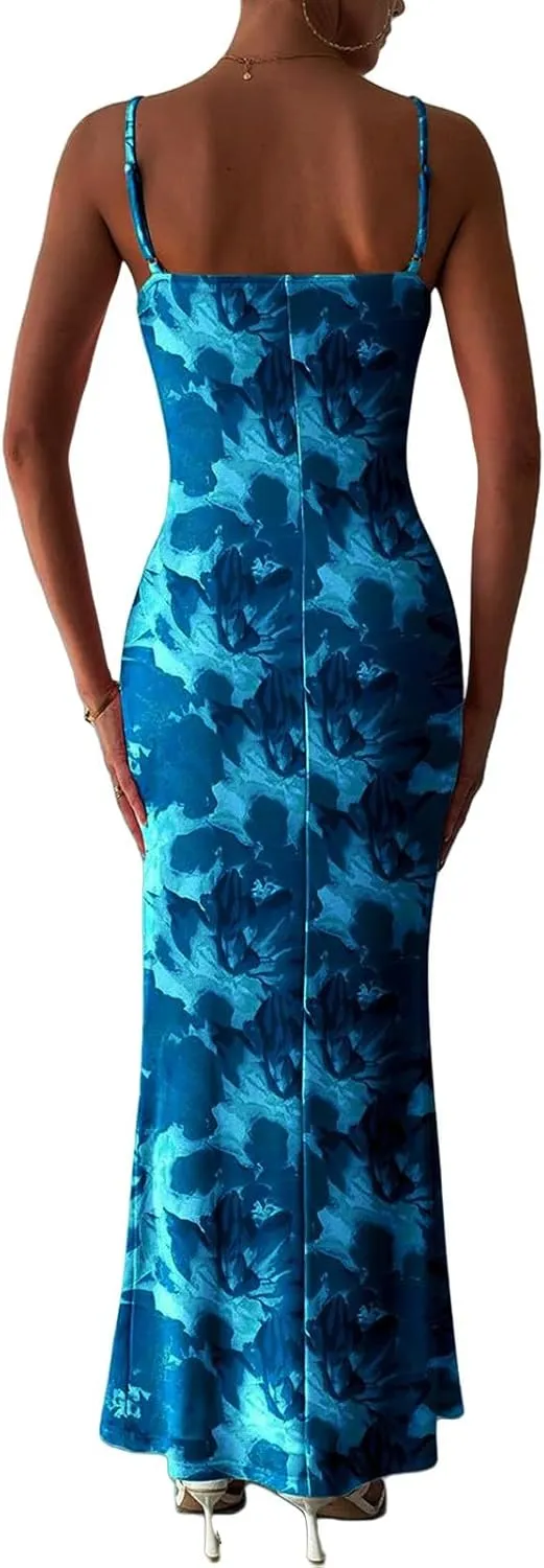 Floral Maxi Dress for Women Summer Sexy Backless Adjustable Spaghetti Strap Dresses Trendy Color Block Tunic Dresses