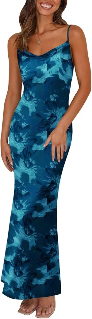 Floral Maxi Dress for Women Summer Sexy Backless Adjustable Spaghetti Strap Dresses Trendy Color Block Tunic Dresses