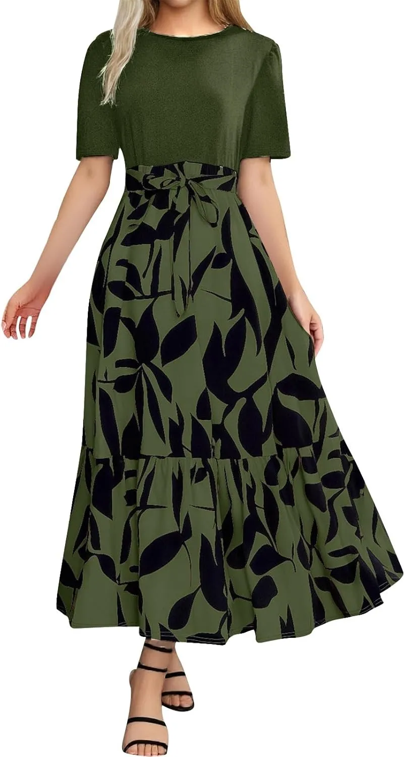 Floral Maxi Dresses for Women 2025 Summer Long Short Sleeve Casual Boho Sun Dresses A Line Patchwork Beach Dress