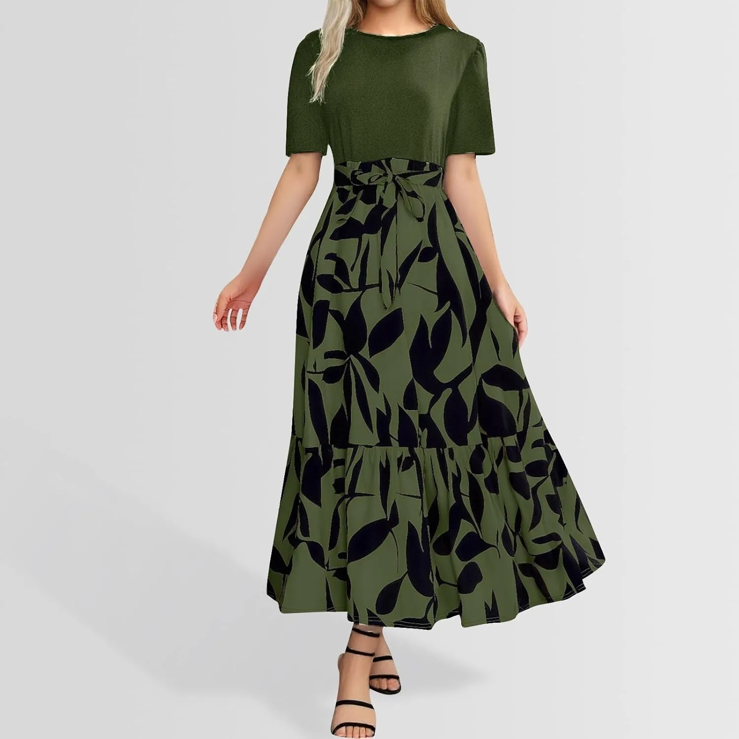 Floral Maxi Dresses for Women 2025 Summer Long Short Sleeve Casual Boho Sun Dresses A Line Patchwork Beach Dress